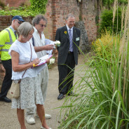 Male and female with clipboards looking at plants in garden.