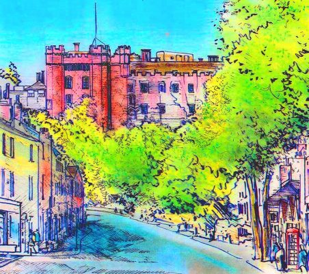 Colourful painting of Castle Street and Farnham Castle in the background