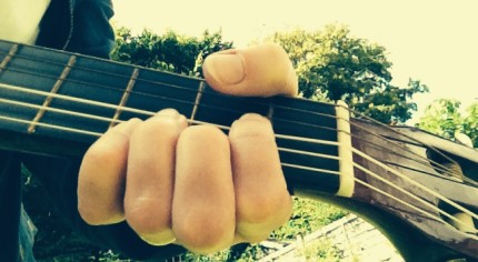 Hand, guitar neck, sky, trees.