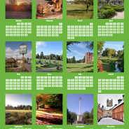 Calendar. Pictures of Farnham on a green background and showing days of month.