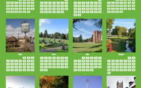 Calendar. Pictures of Farnham on a green background and showing days of month.