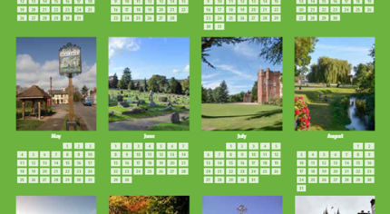 Calendar. Pictures of Farnham on a green background and showing days of month.