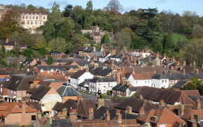 Town scene showing roof tops, trees and Castle in the background.