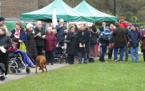 Crowd of people singing carols in Gostrey Meadow