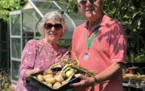 Man and woman holding a basket of potatoes and garlic. Greenhouse and trees in background